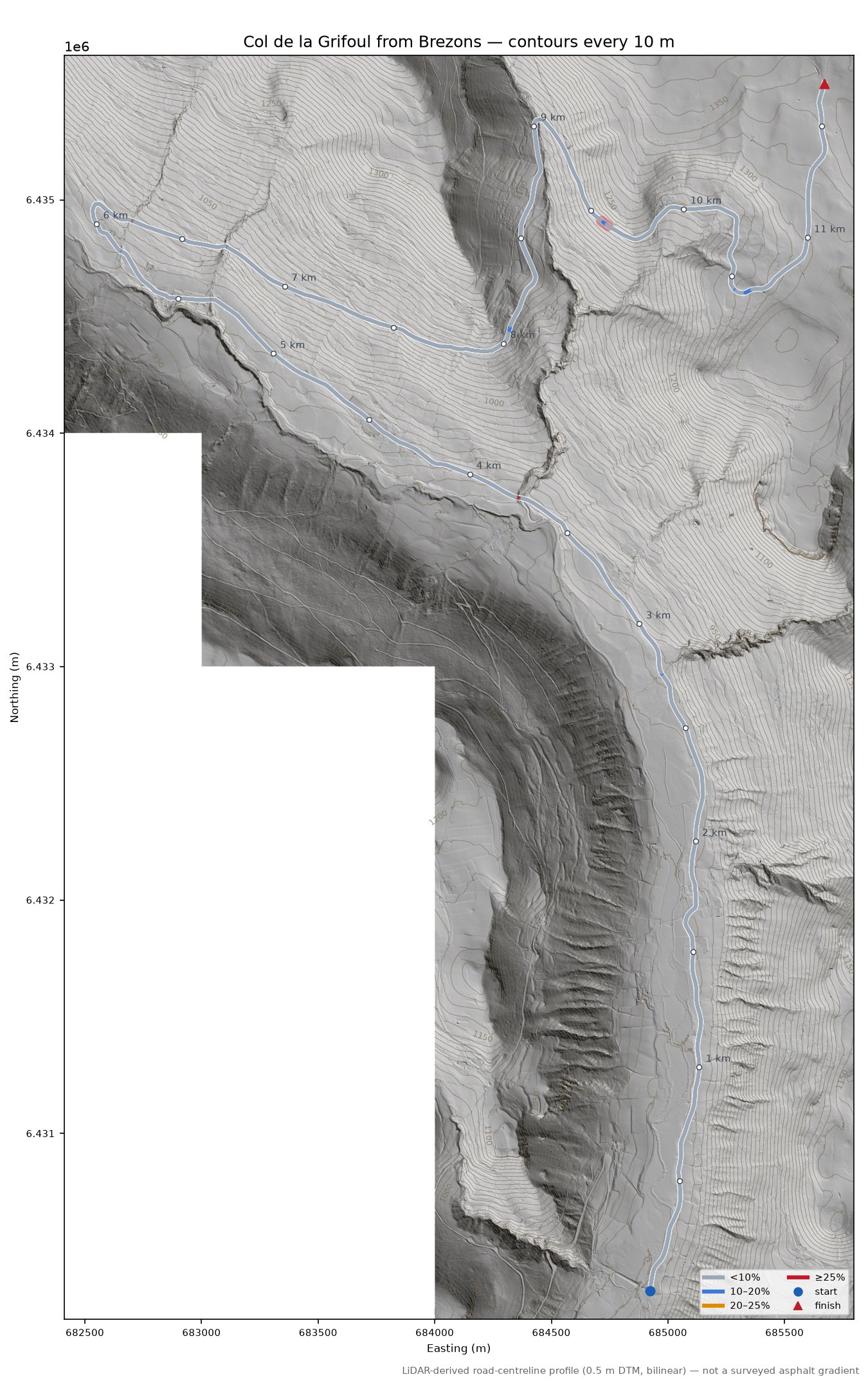 Col de la Grifoul from Brezons LiDAR hillshade map with contours