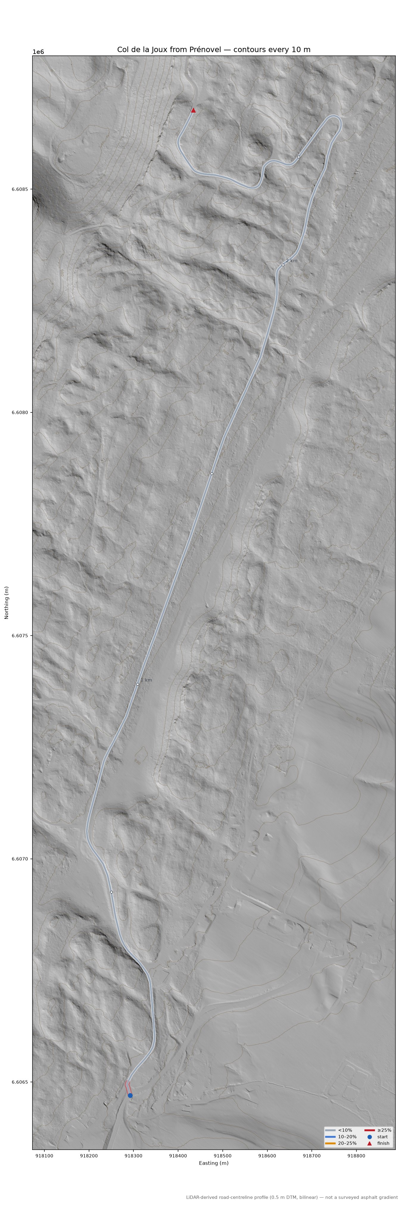 Col de la Joux from Prénovel LiDAR hillshade map with contours