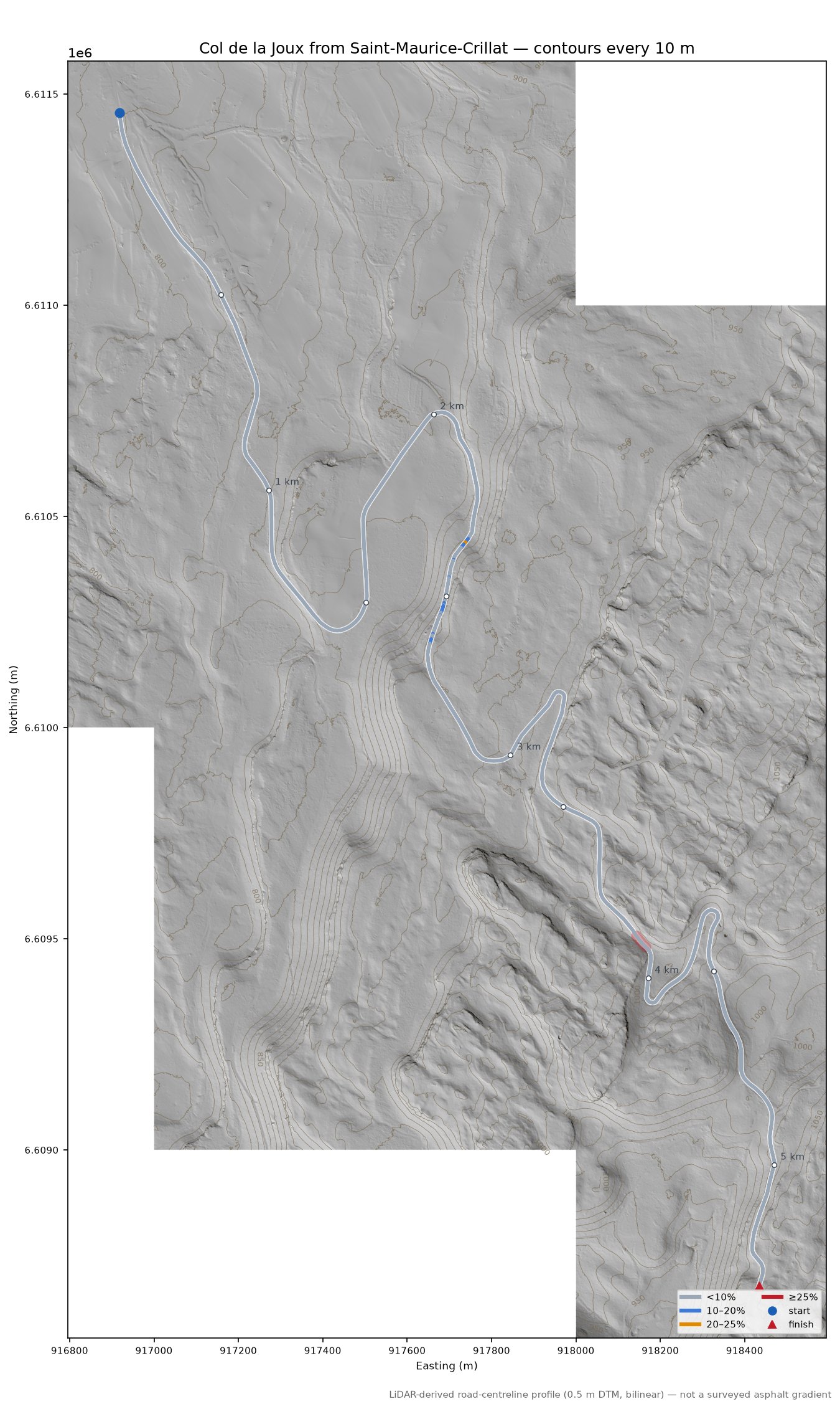 Col de la Joux from Saint-Maurice-Crillat LiDAR hillshade map with contours