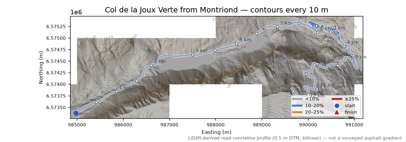 Col de la Joux Verte from Montriond LiDAR hillshade map with contours