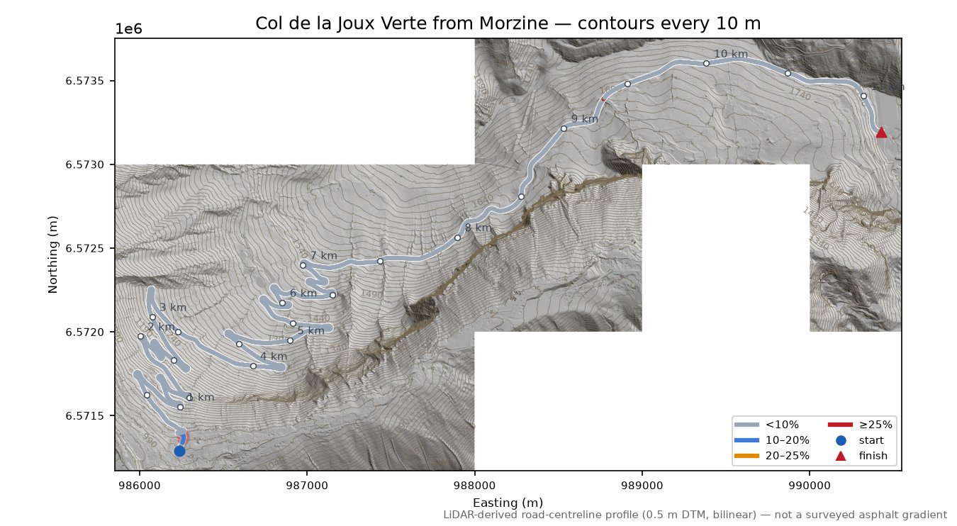 Col de la Joux Verte from Morzine LiDAR hillshade map with contours