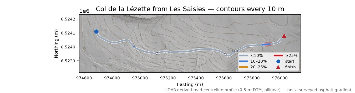 Col de la Lézette from Les Saisies LiDAR hillshade map with contours