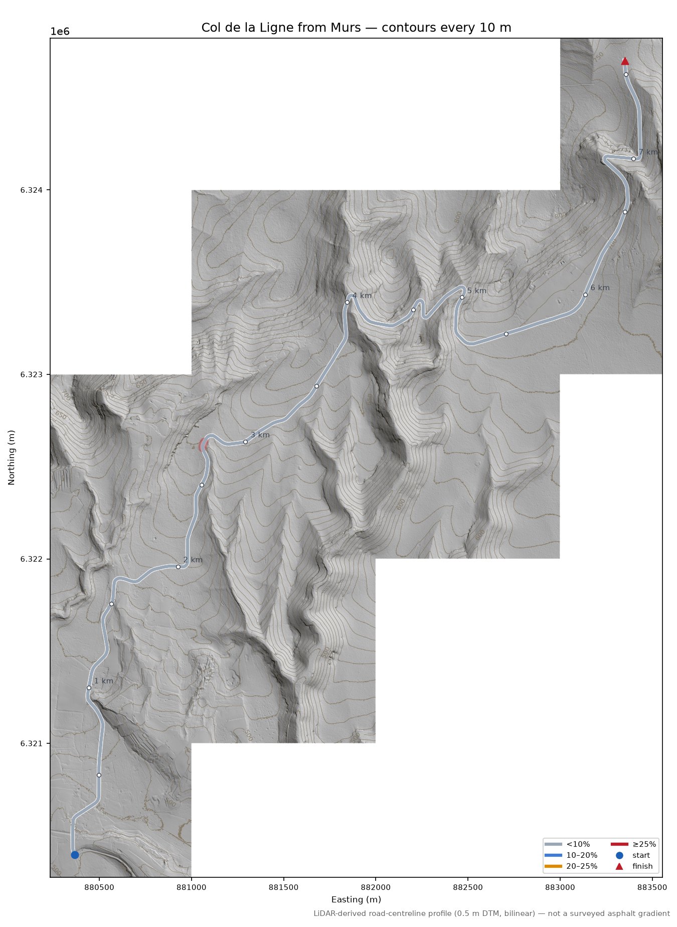Col de la Ligne from Murs LiDAR hillshade map with contours