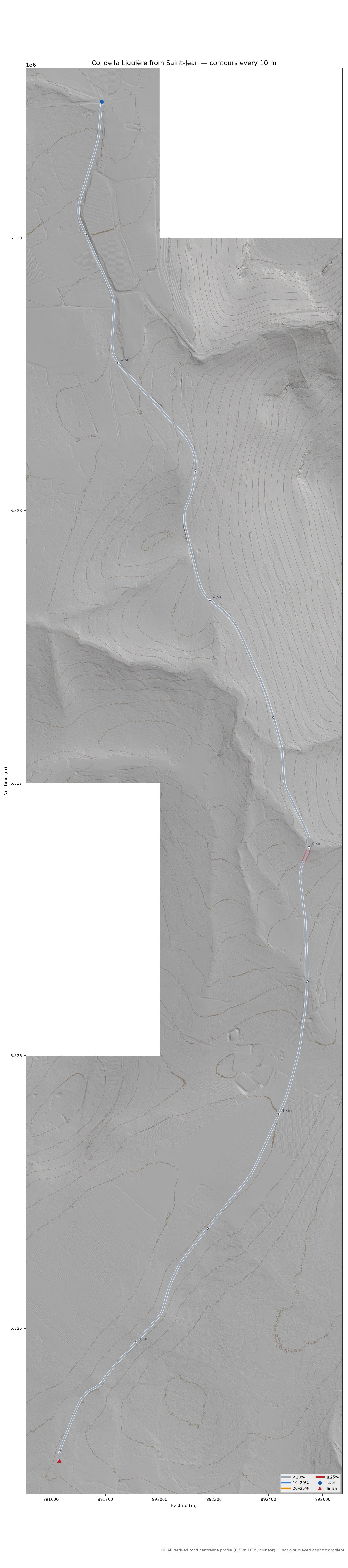 Col de la Liguière from Saint-Jean LiDAR hillshade map with contours