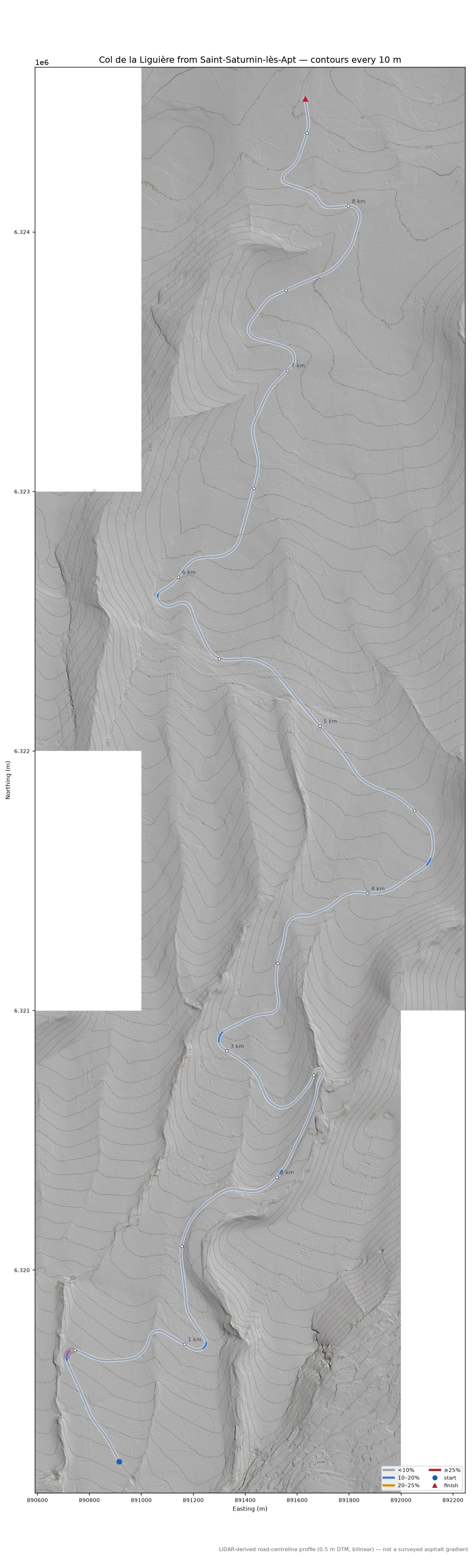 Col de la Liguière from Saint-Saturnin-lès-Apt LiDAR hillshade map with contours