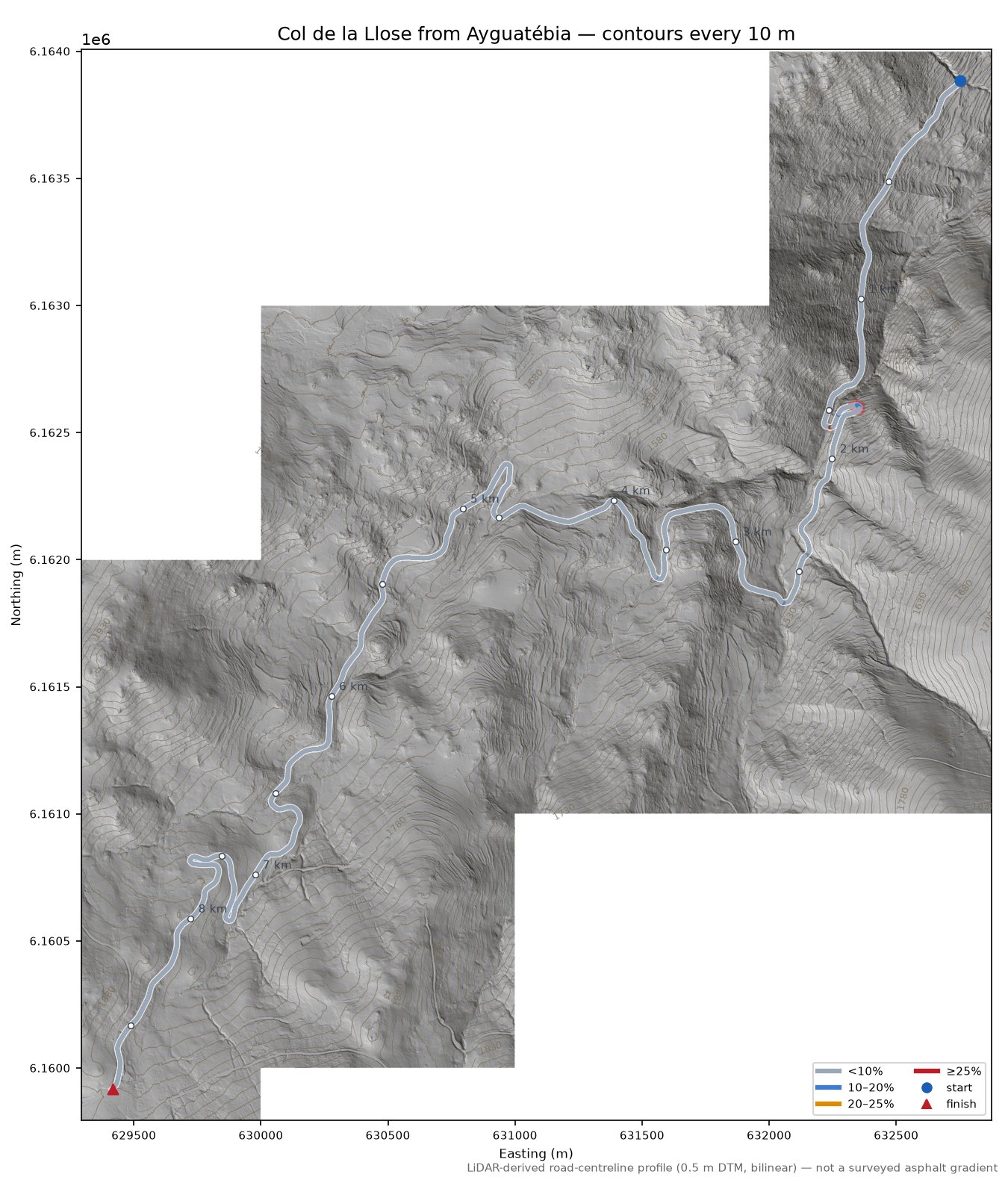 Col de la Llose from Ayguatébia LiDAR hillshade map with contours