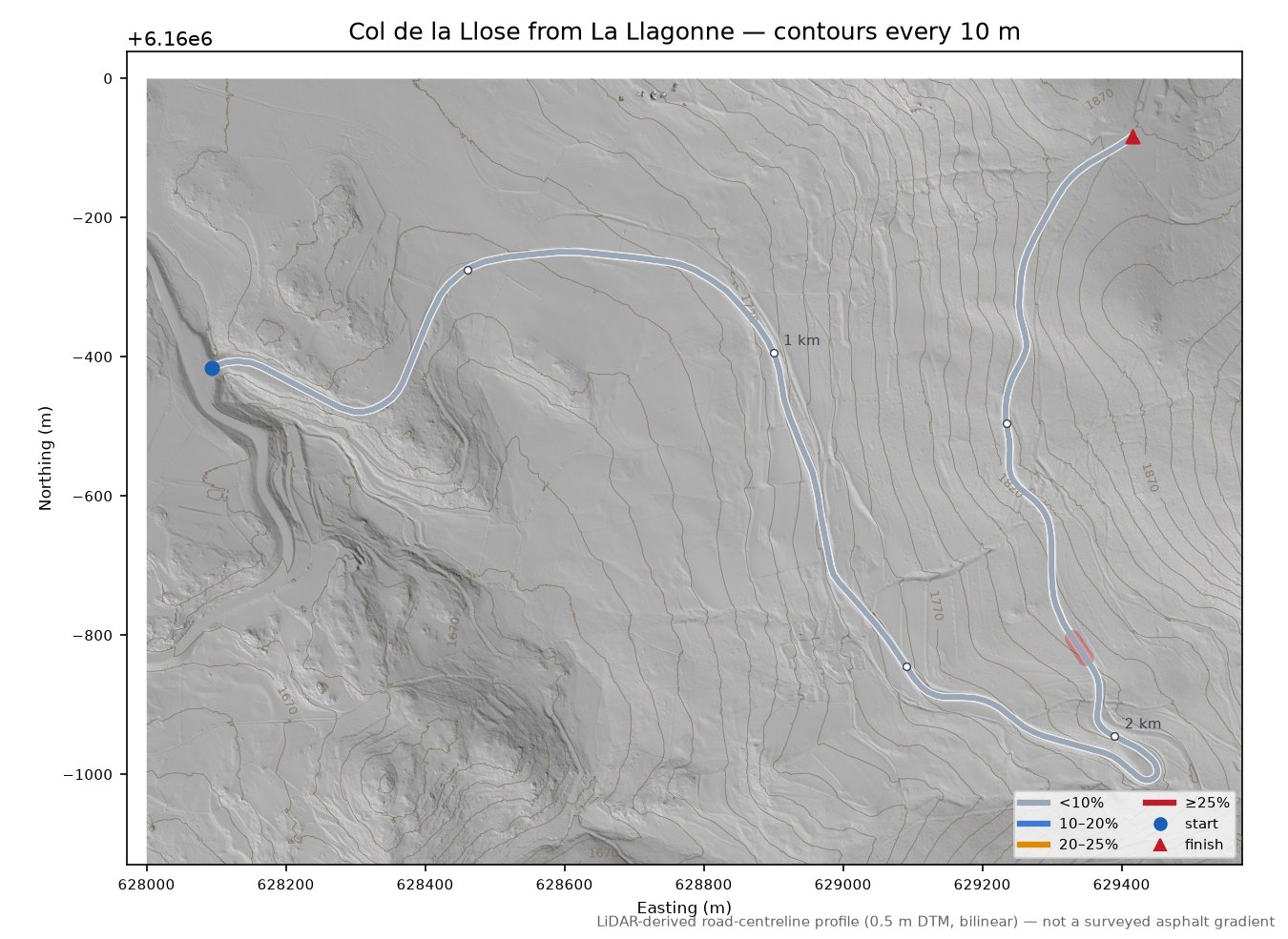 Col de la Llose from La Llagonne LiDAR hillshade map with contours