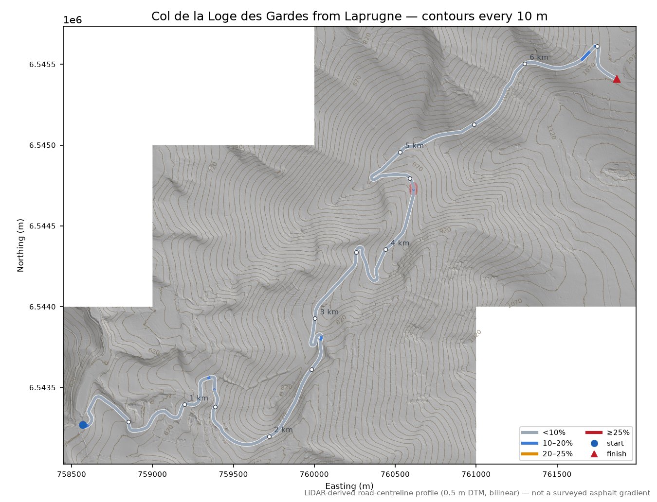 Col de la Loge des Gardes from Laprugne LiDAR hillshade map with contours