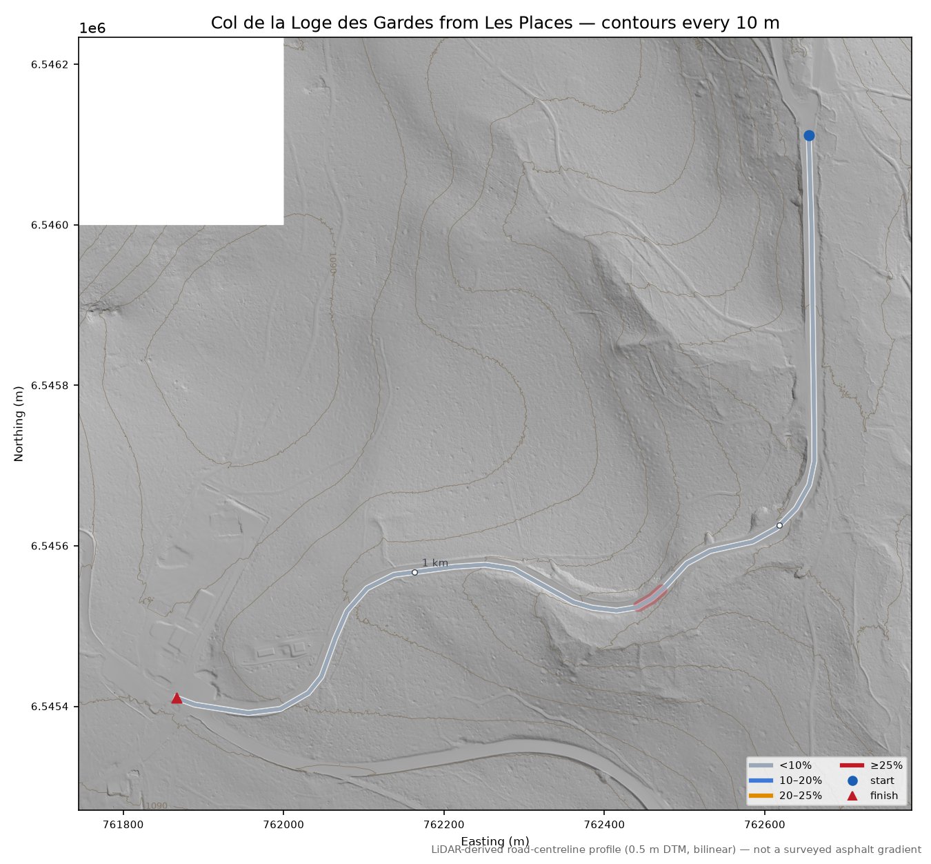 Col de la Loge des Gardes from Les Places LiDAR hillshade map with contours