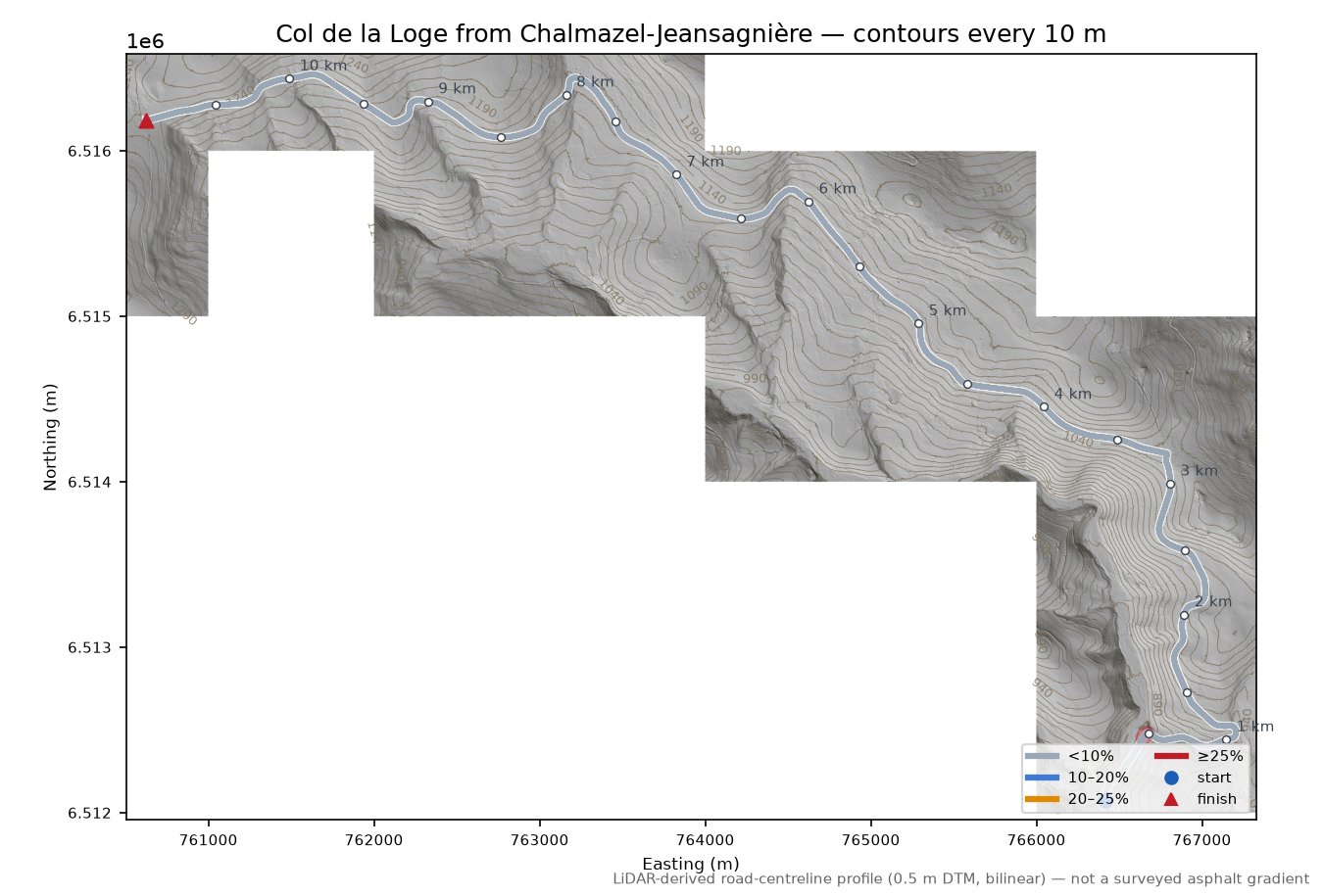 Col de la Loge from Chalmazel-Jeansagnière LiDAR hillshade map with contours