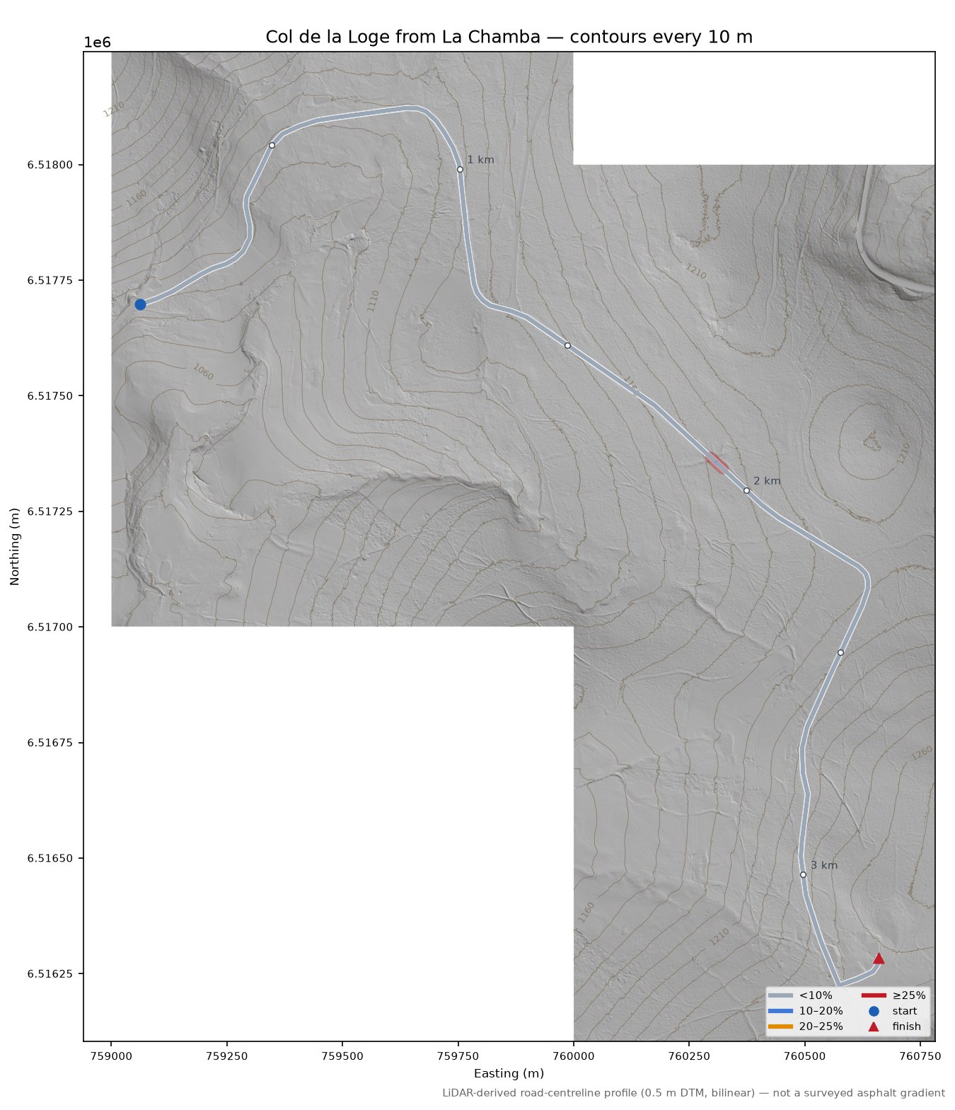 Col de la Loge from La Chamba LiDAR hillshade map with contours