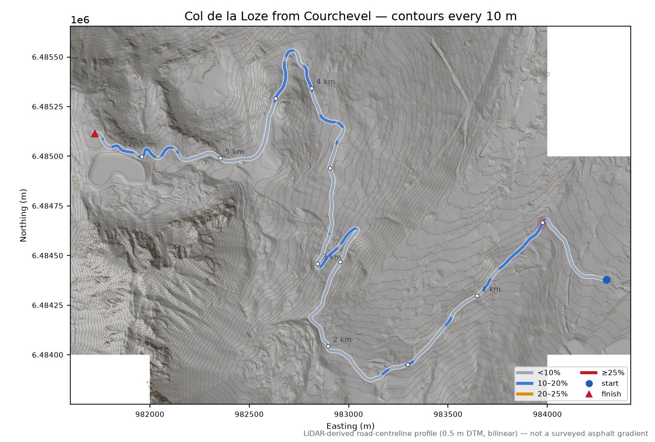 Col de la Loze from Courchevel LiDAR hillshade map with contours