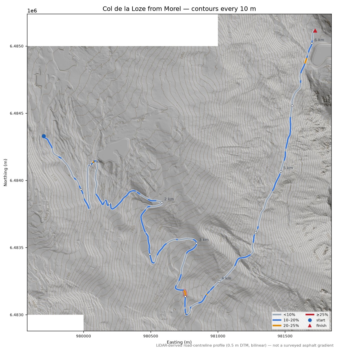 Col de la Loze from Morel LiDAR hillshade map with contours