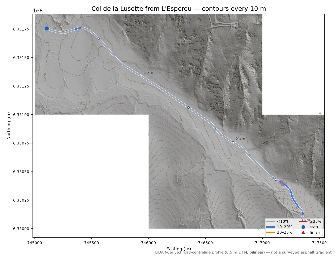 Col de la Lusette from L'Espérou LiDAR hillshade map with contours