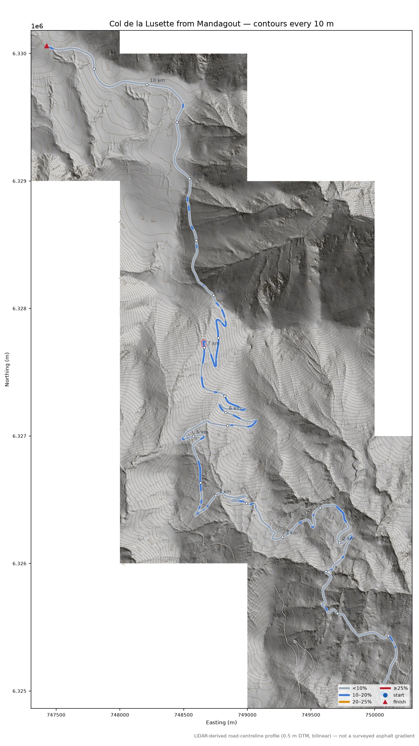 Col de la Lusette from Mandagout LiDAR hillshade map with contours