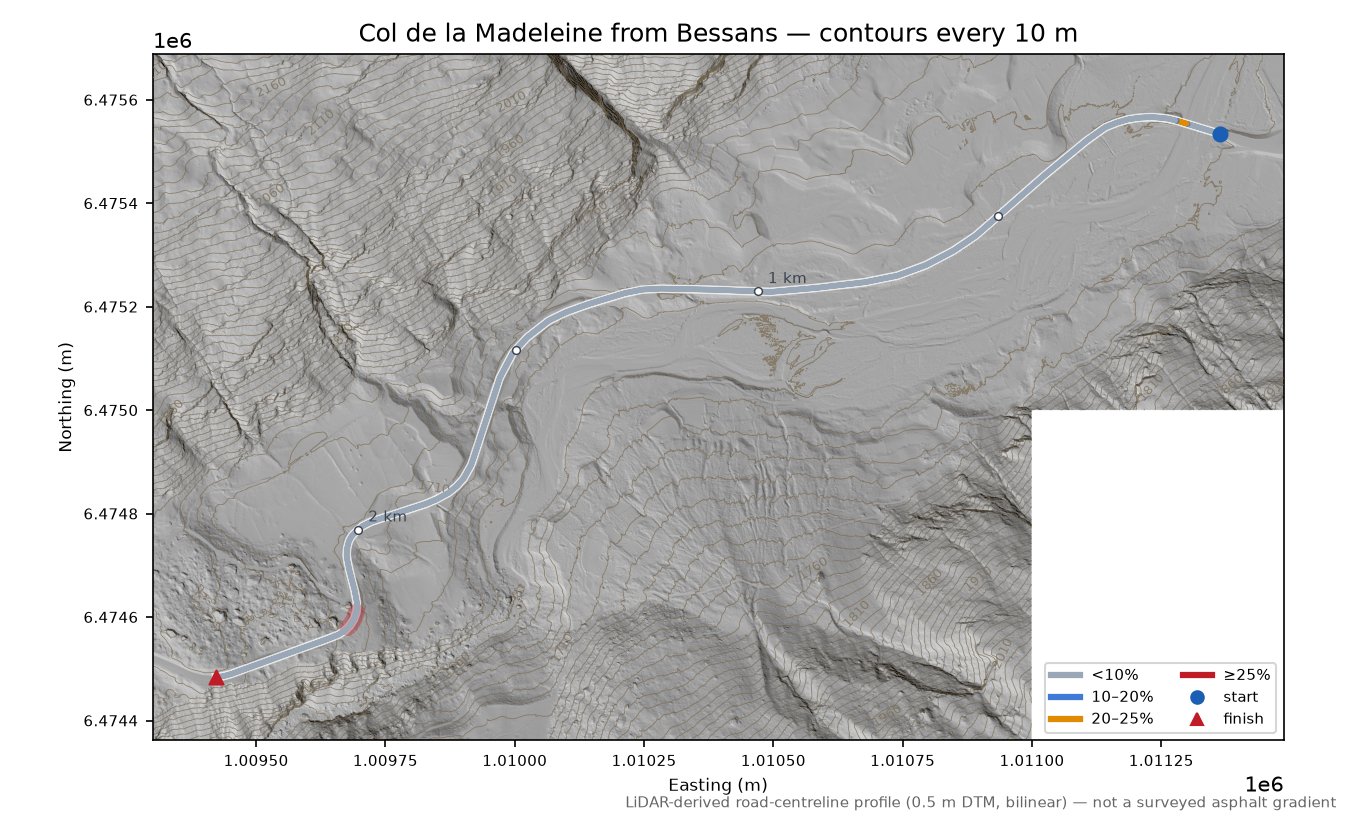 Col de la Madeleine from Bessans LiDAR hillshade map with contours