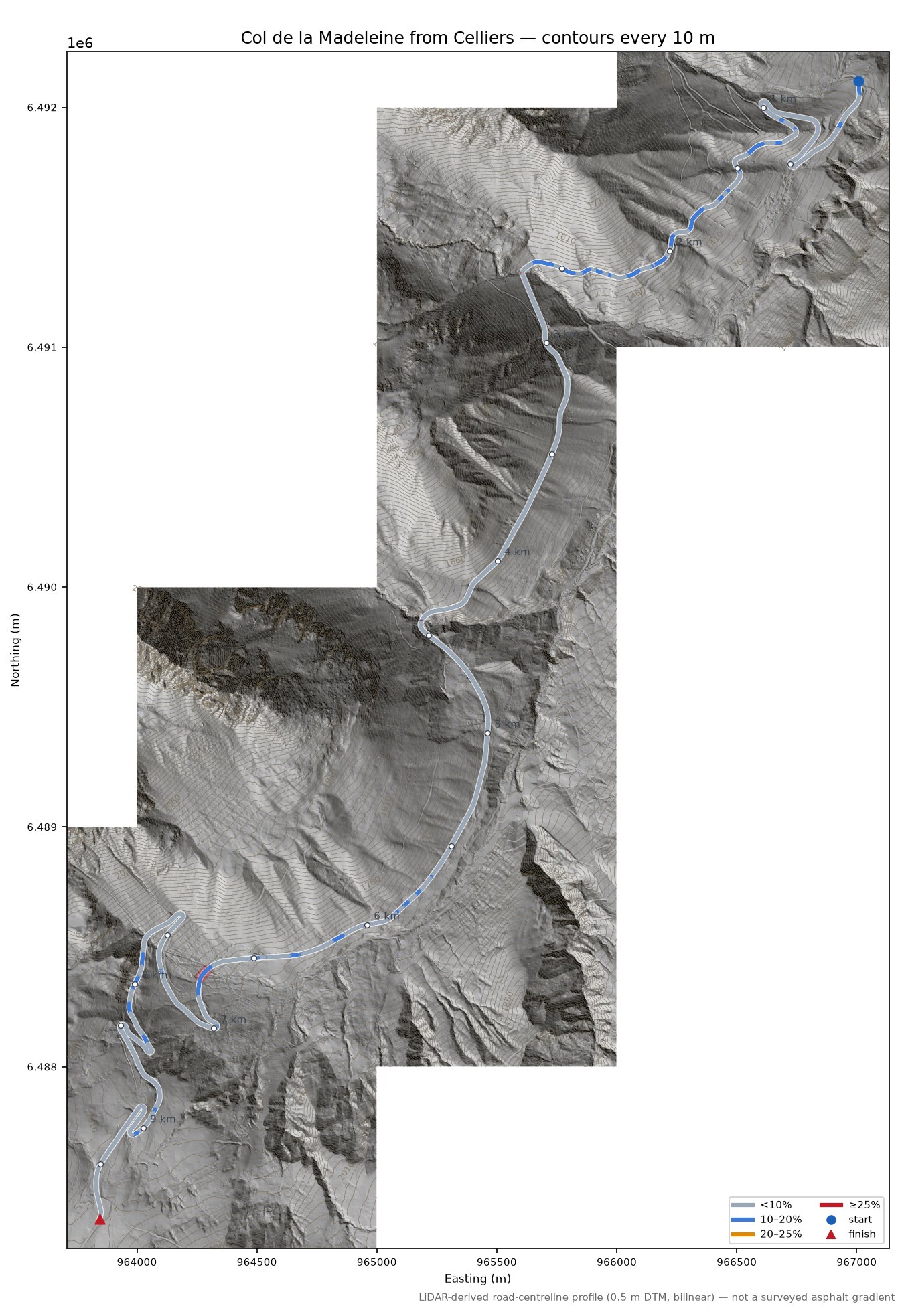 Col de la Madeleine from Celliers LiDAR hillshade map with contours