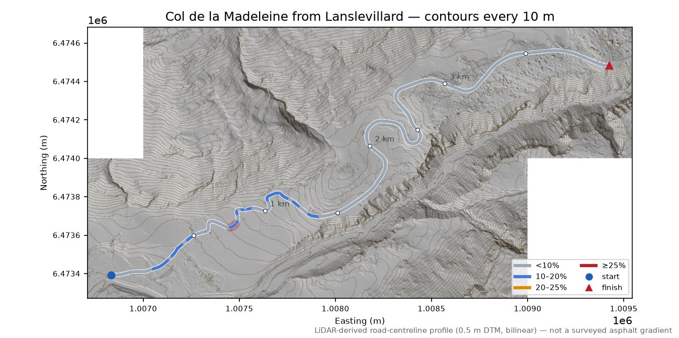 Col de la Madeleine from Lanslevillard LiDAR hillshade map with contours