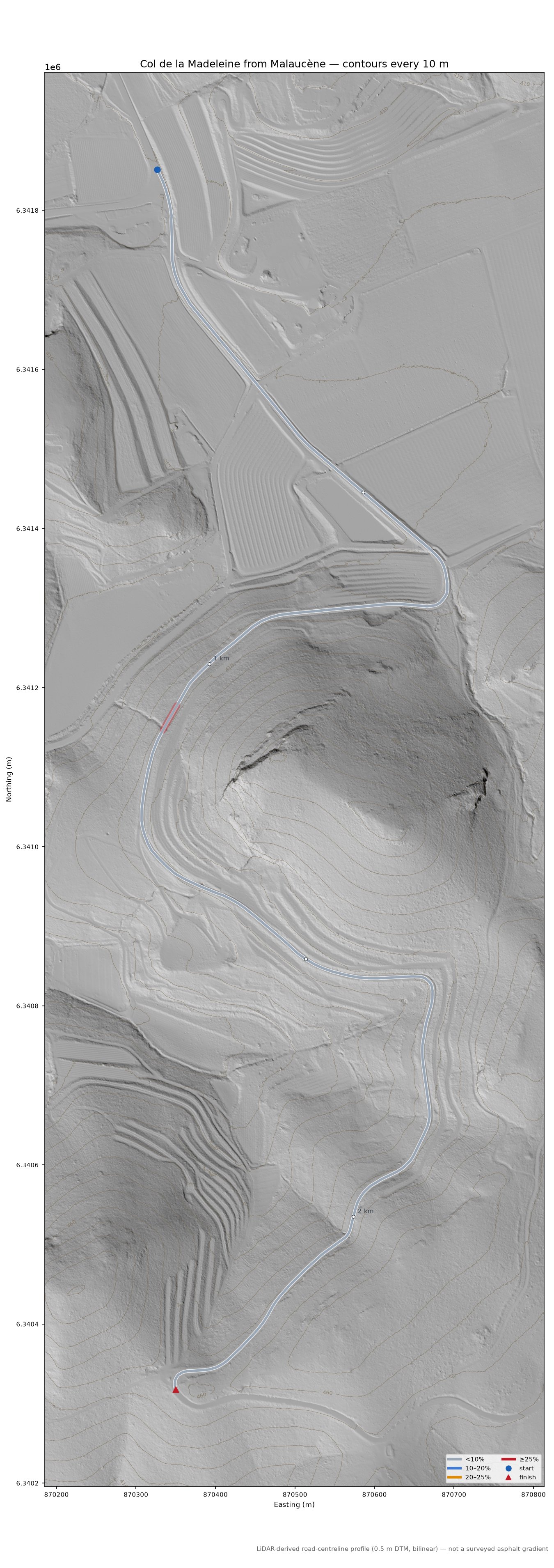 Col de la Madeleine from Malaucène LiDAR hillshade map with contours