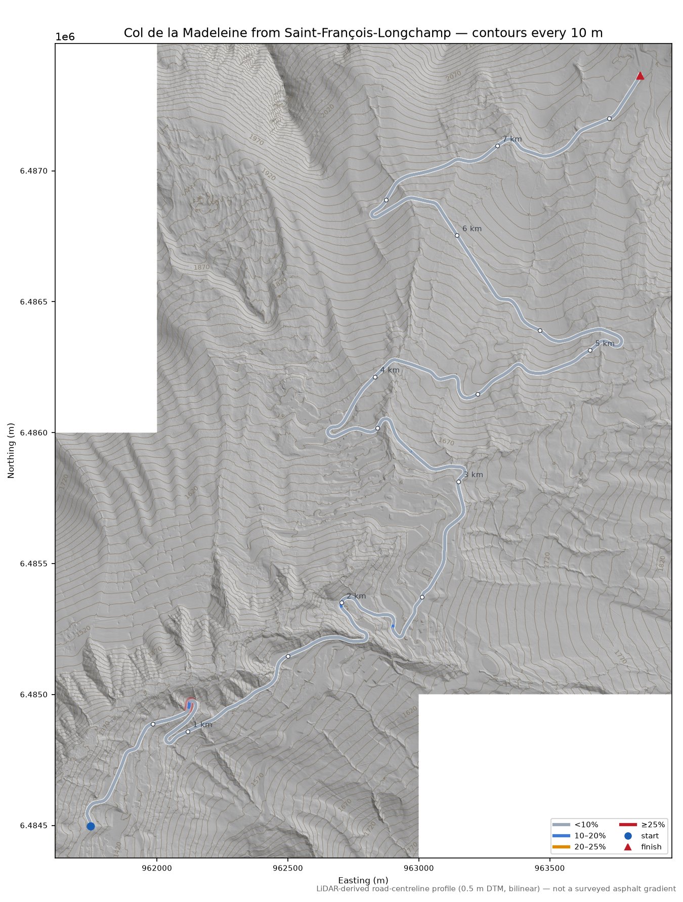 Col de la Madeleine from Saint-François-Longchamp LiDAR hillshade map with contours