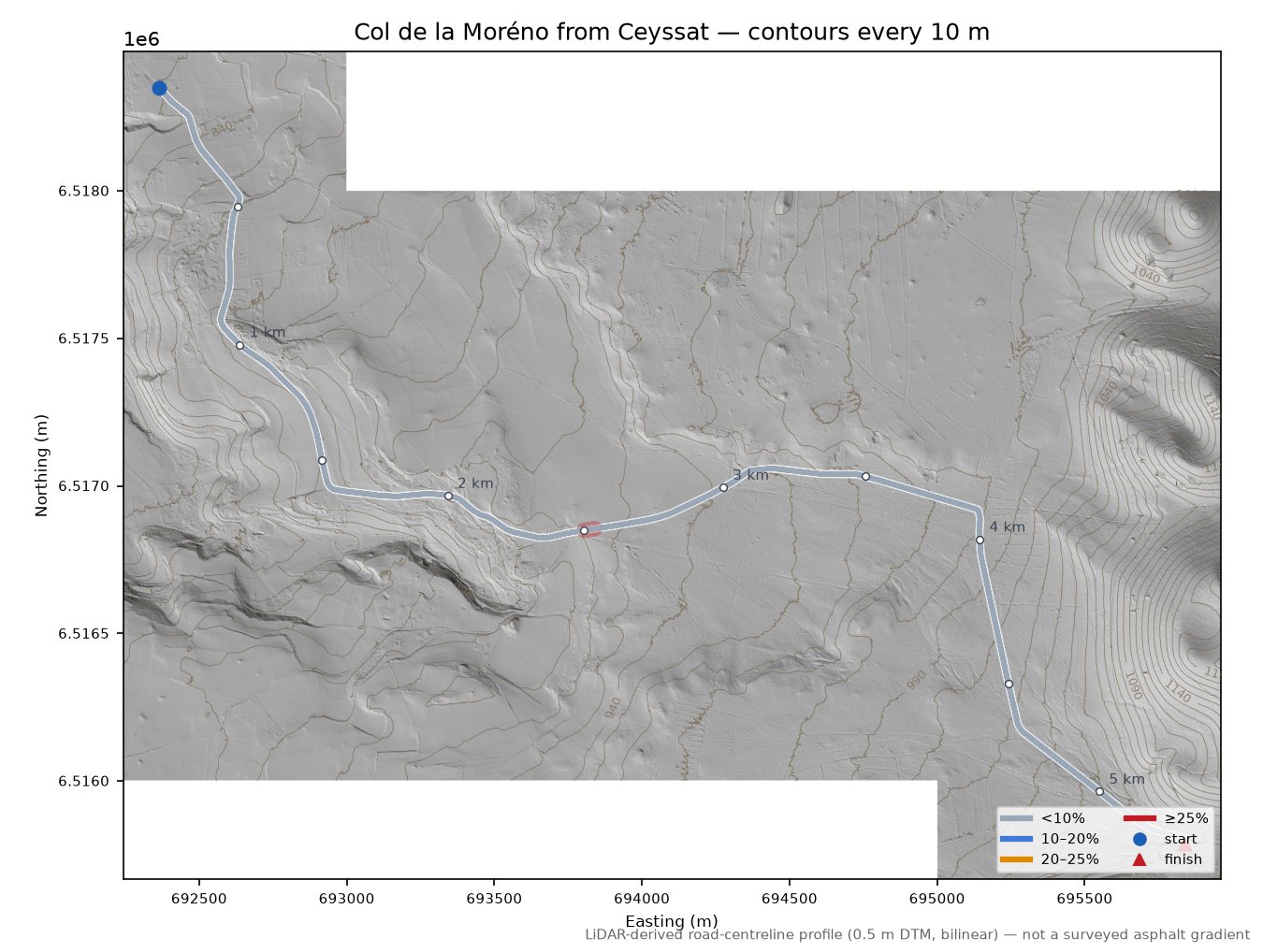 Col de la Moréno from Ceyssat LiDAR hillshade map with contours
