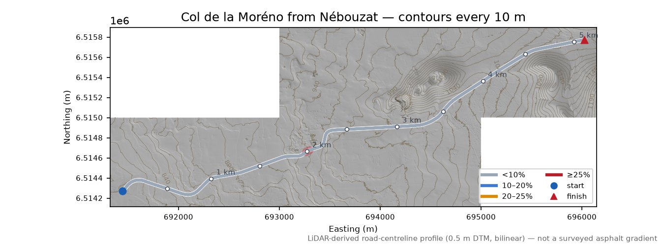 Col de la Moréno from Nébouzat LiDAR hillshade map with contours