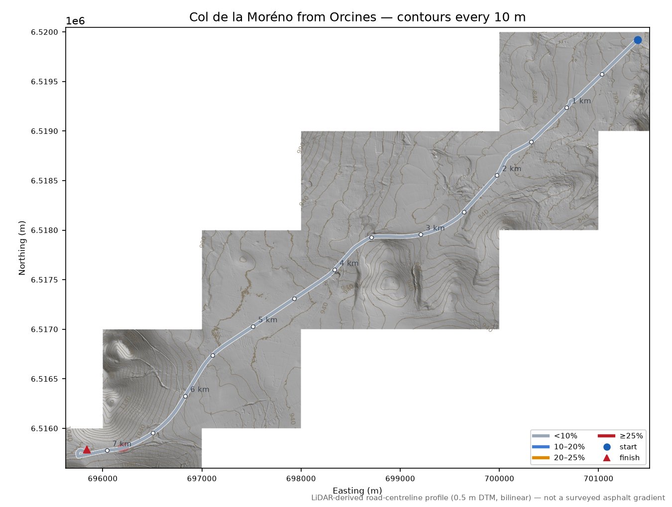 Col de la Moréno from Orcines LiDAR hillshade map with contours