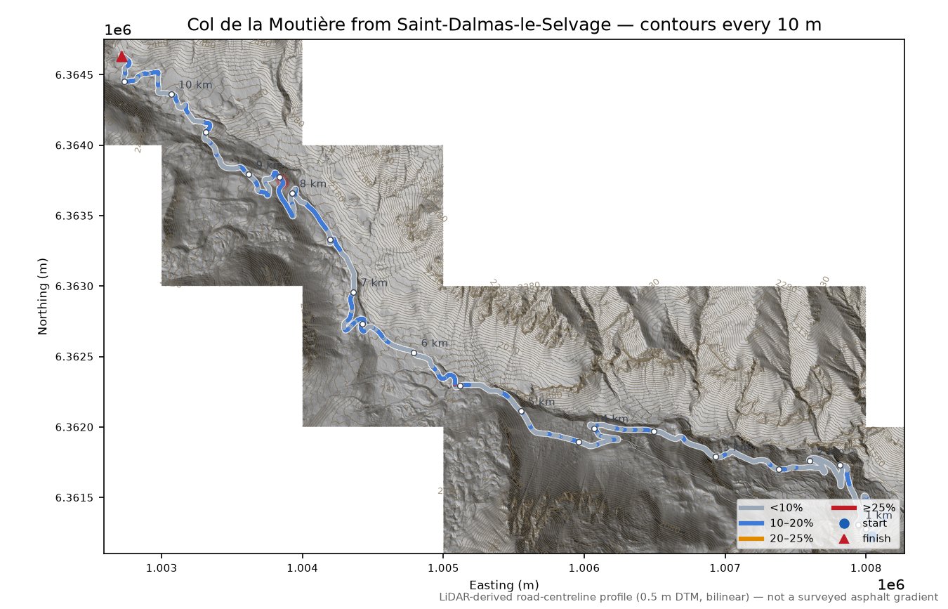 Col de la Moutière from Saint-Dalmas-le-Selvage LiDAR hillshade map with contours