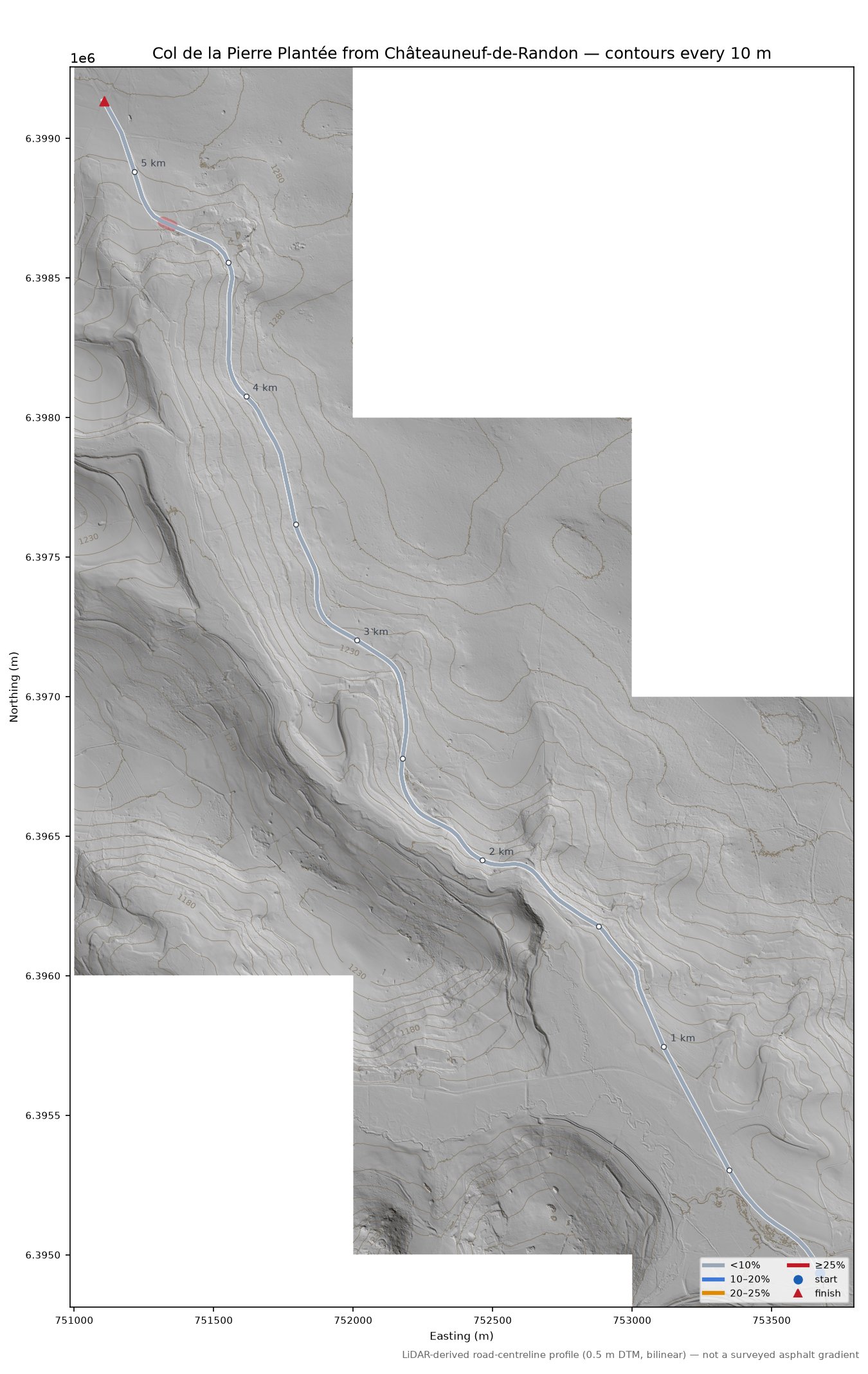 Col de la Pierre Plantée from Châteauneuf-de-Randon LiDAR hillshade map with contours
