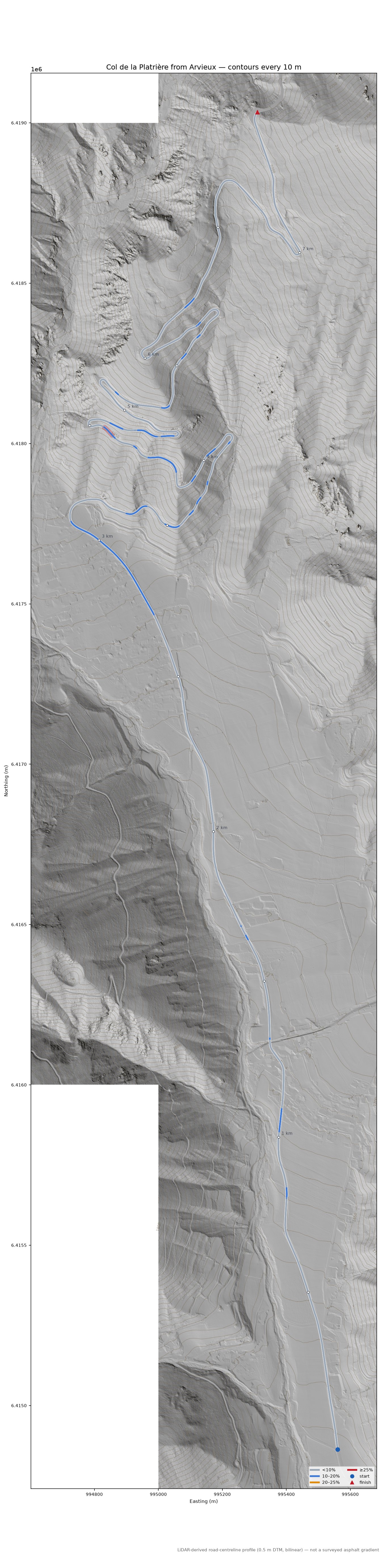 Col de la Platrière from Arvieux LiDAR hillshade map with contours