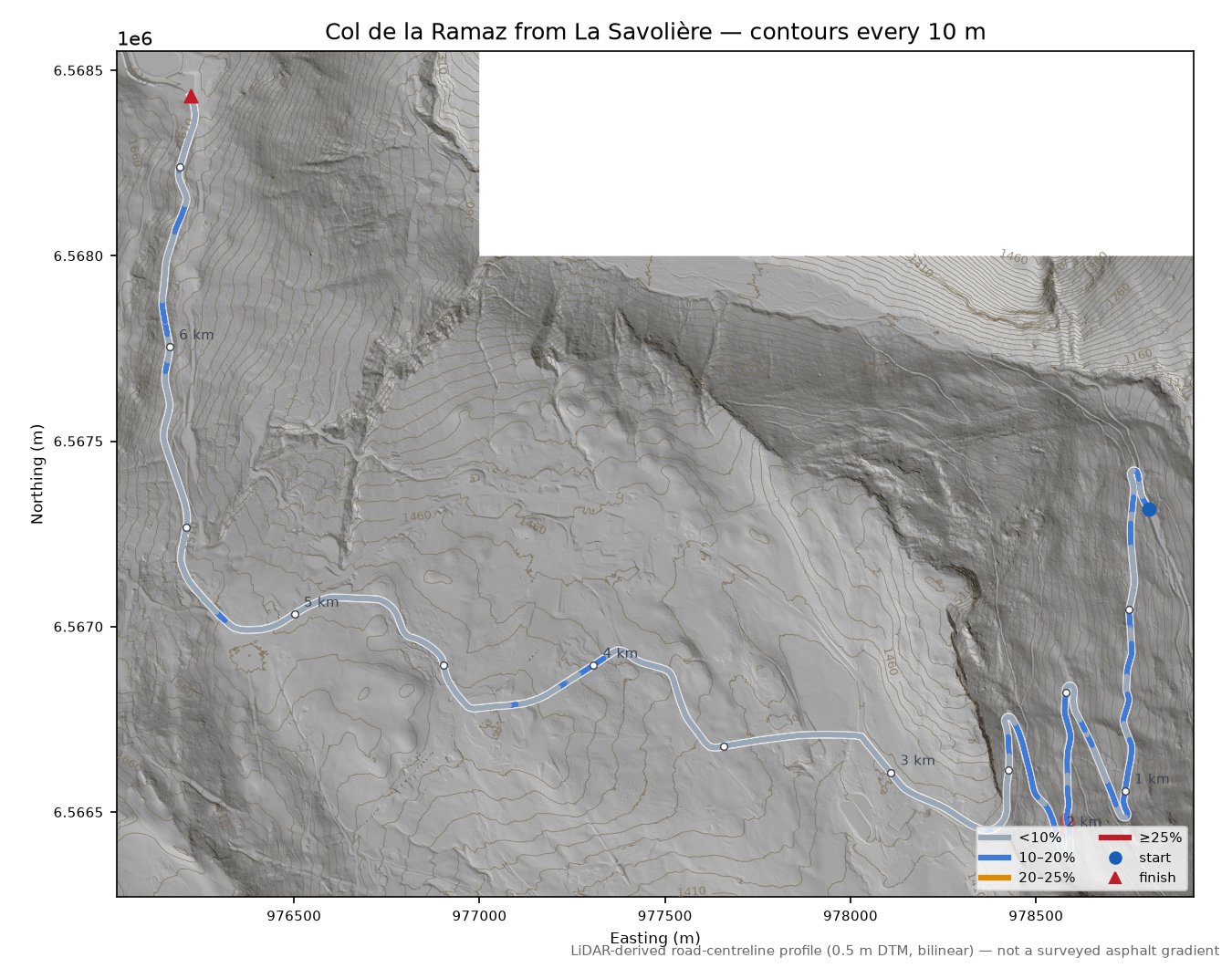 Col de la Ramaz from La Savolière LiDAR hillshade map with contours