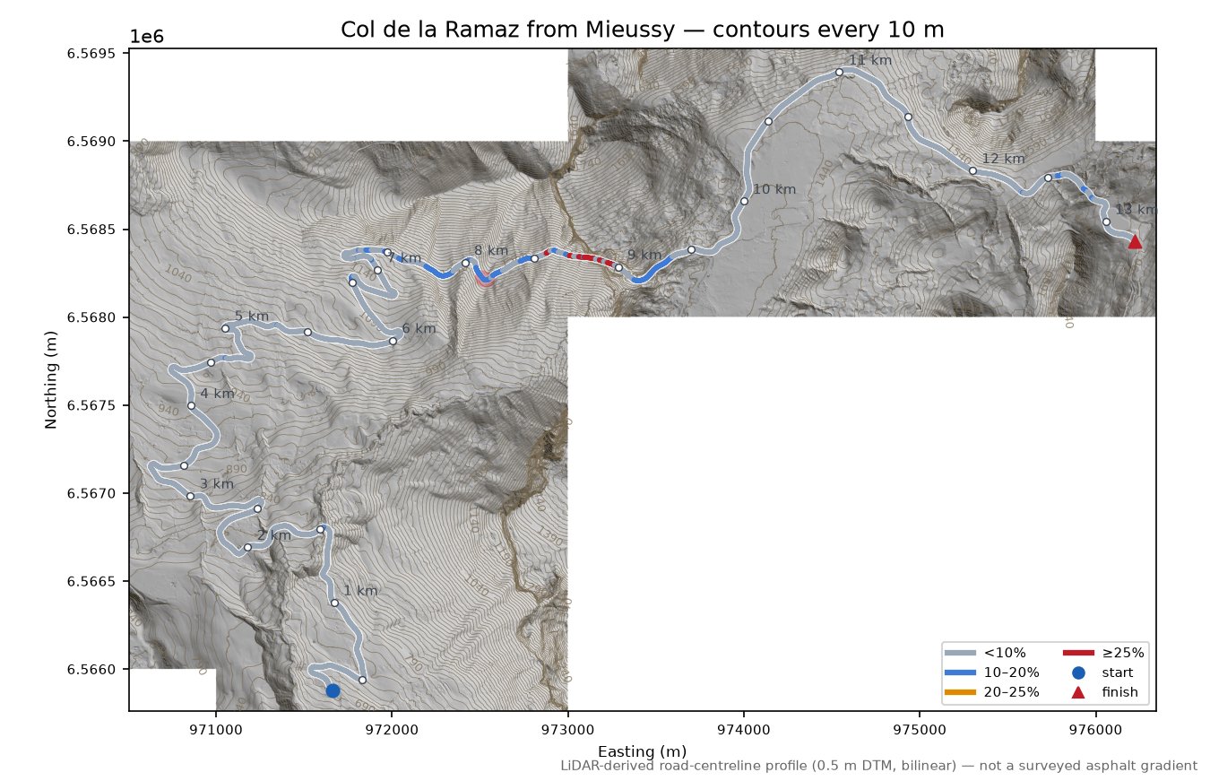 Col de la Ramaz from Mieussy LiDAR hillshade map with contours