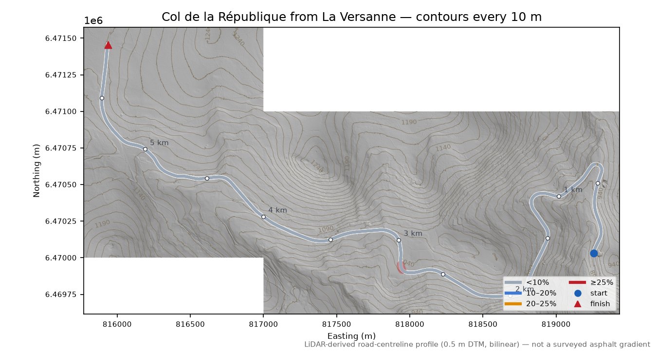 Col de la République from La Versanne LiDAR hillshade map with contours