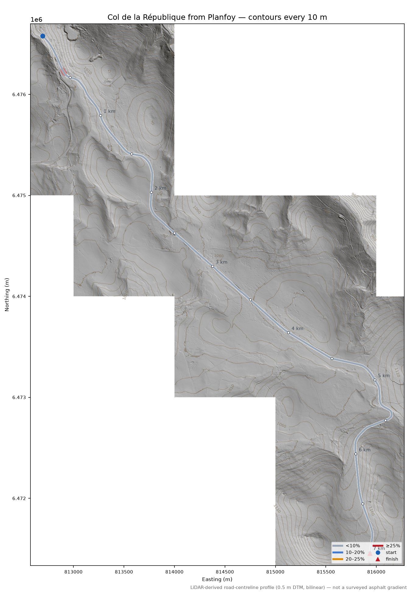 Col de la République from Planfoy LiDAR hillshade map with contours