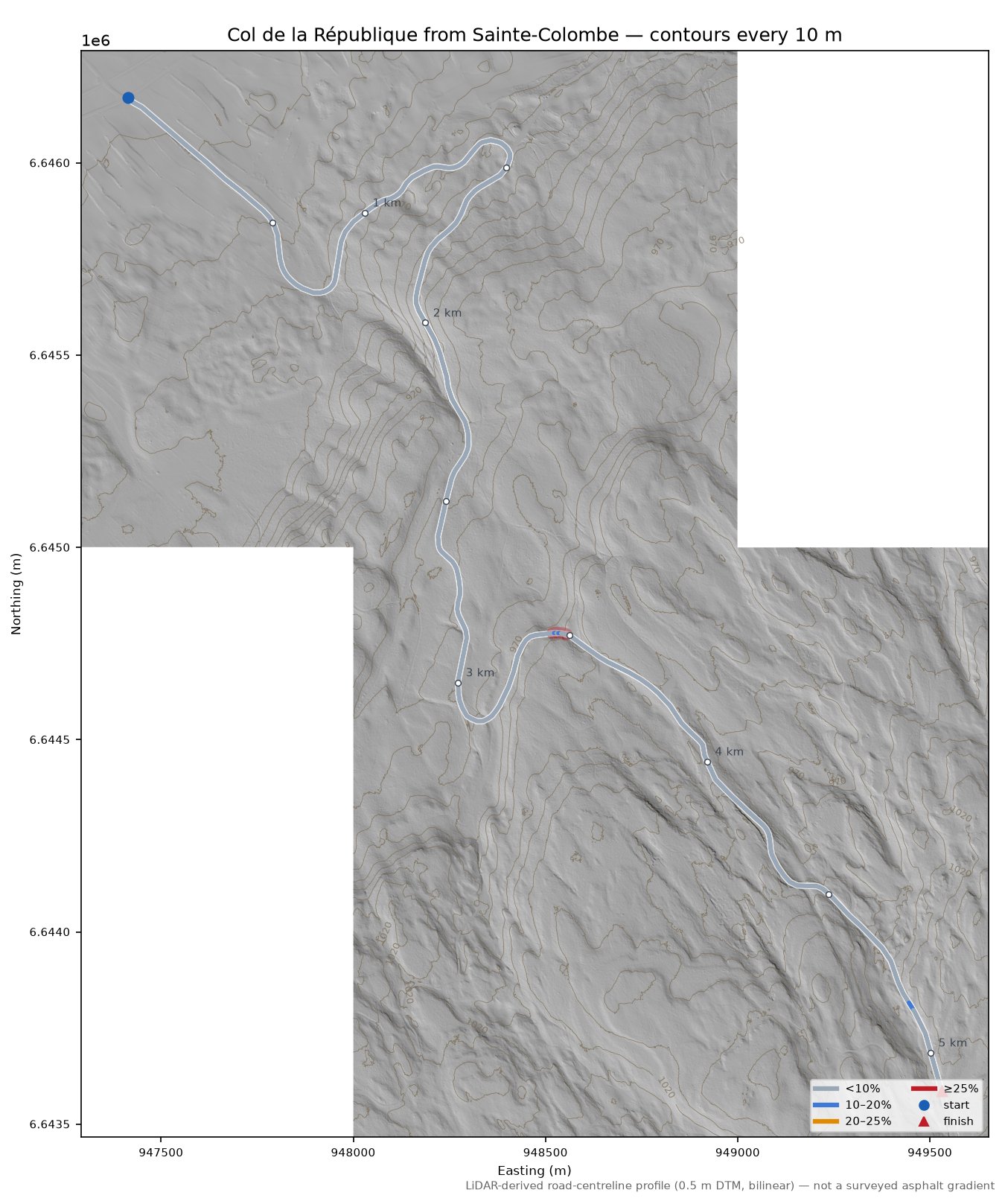 Col de la République from Sainte-Colombe LiDAR hillshade map with contours