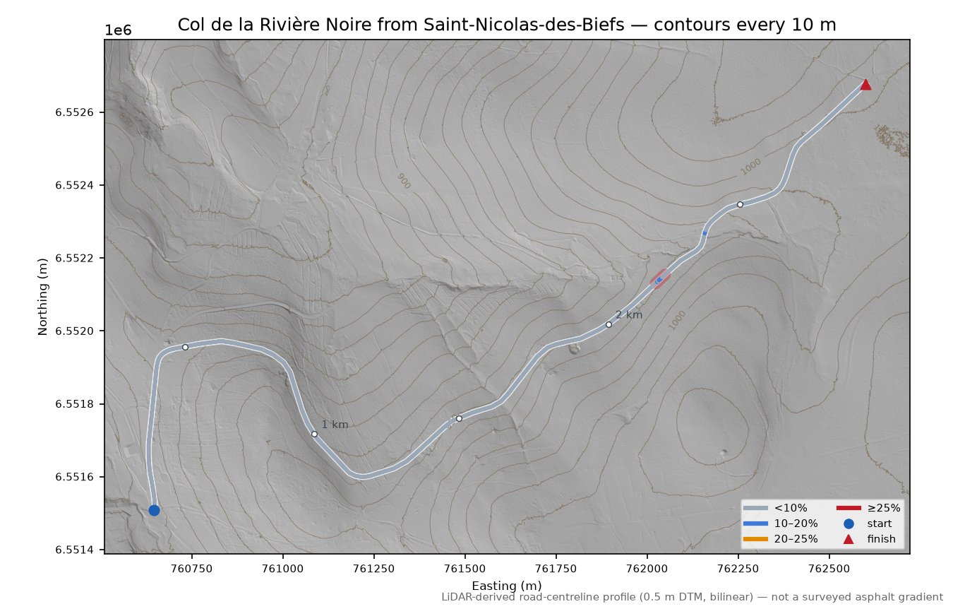 Col de la Rivière Noire from Saint-Nicolas-des-Biefs LiDAR hillshade map with contours