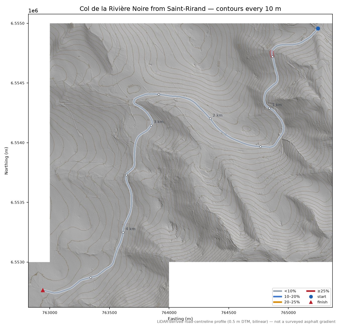 Col de la Rivière Noire from Saint-Rirand LiDAR hillshade map with contours