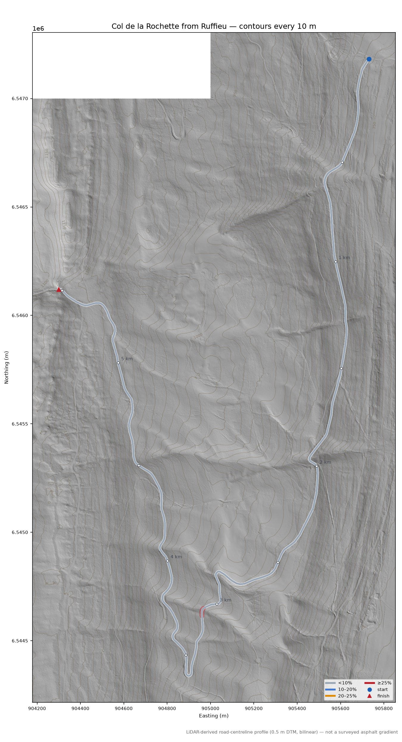 Col de la Rochette from Ruffieu LiDAR hillshade map with contours