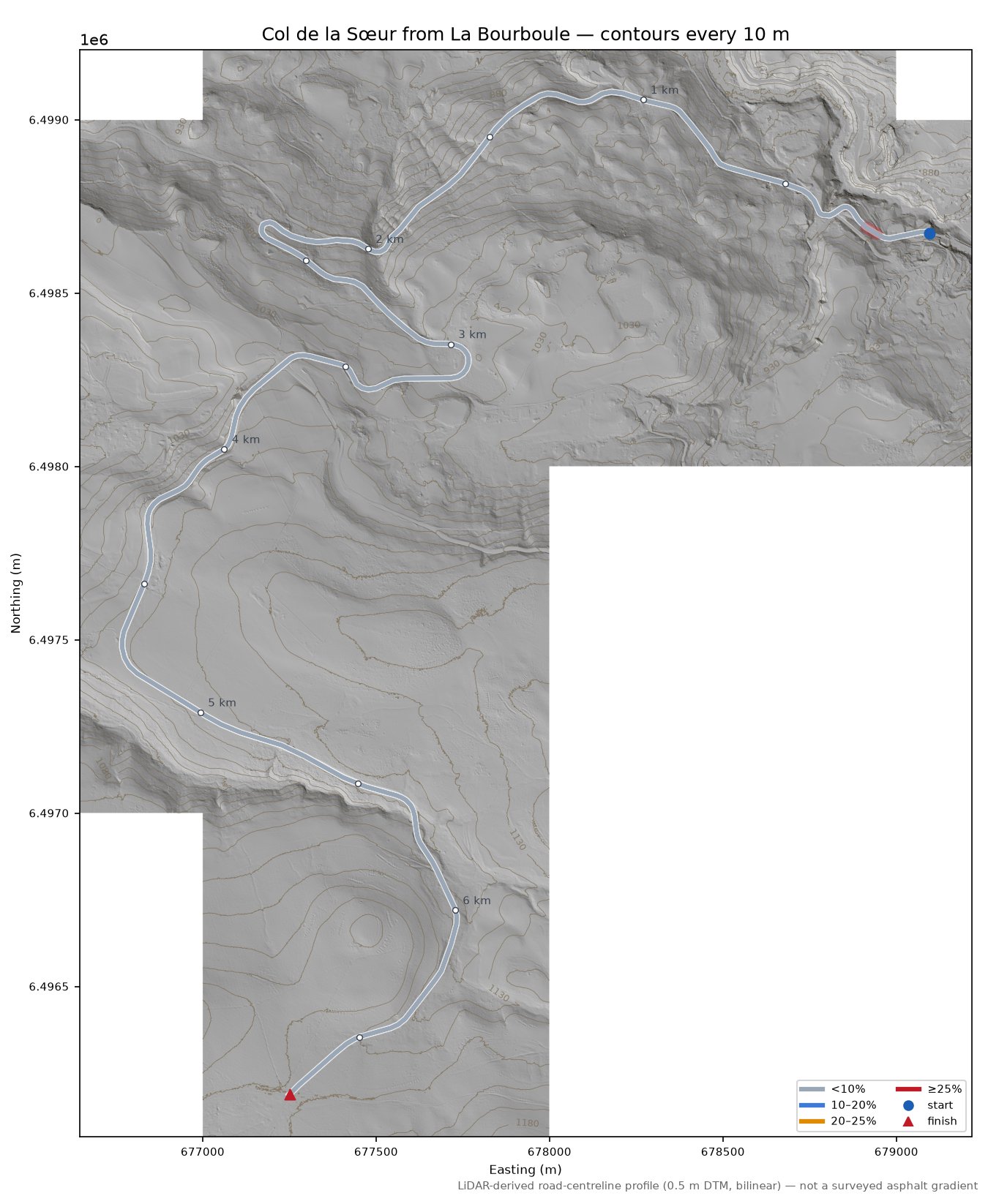 Col de la Sœur from La Bourboule LiDAR hillshade map with contours