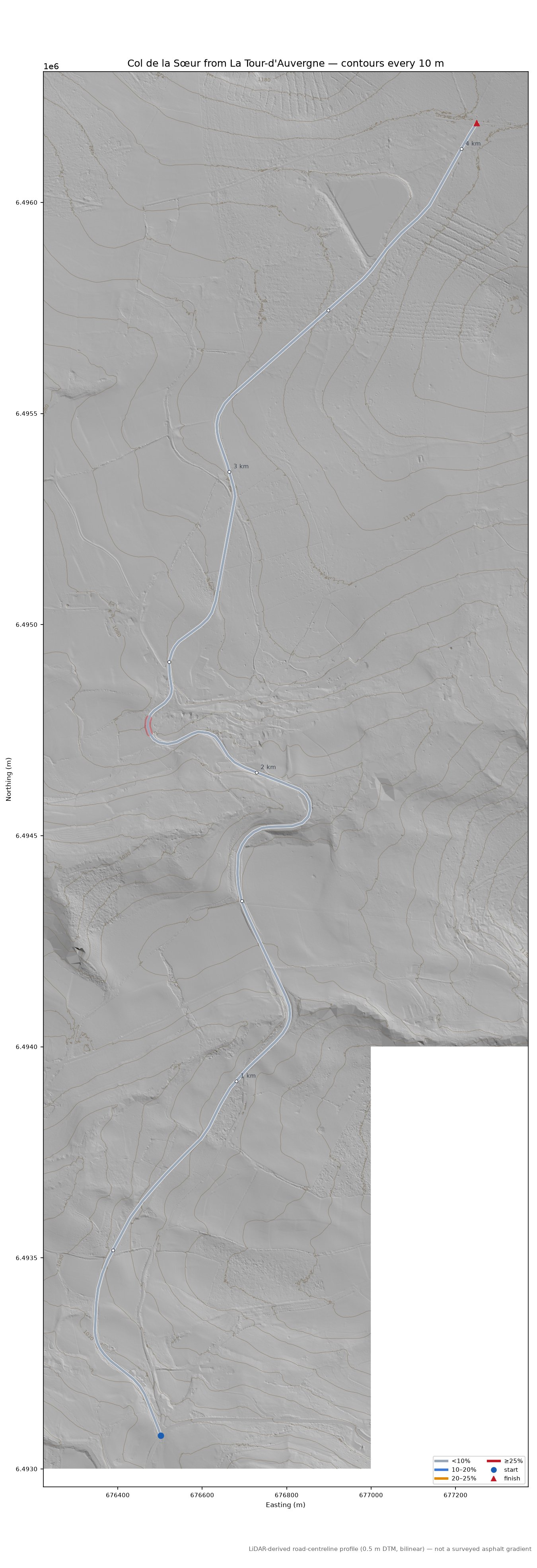 Col de la Sœur from La Tour-d'Auvergne LiDAR hillshade map with contours