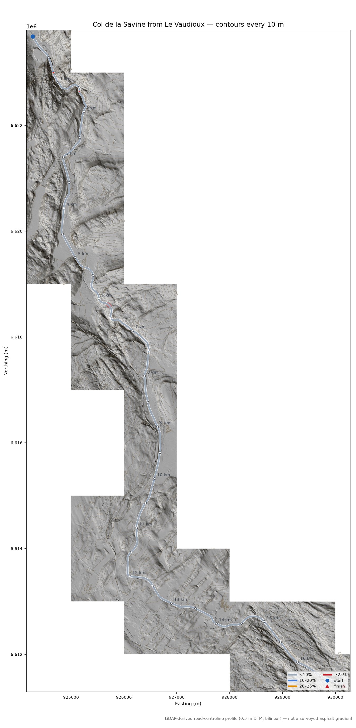 Col de la Savine from Le Vaudioux LiDAR hillshade map with contours