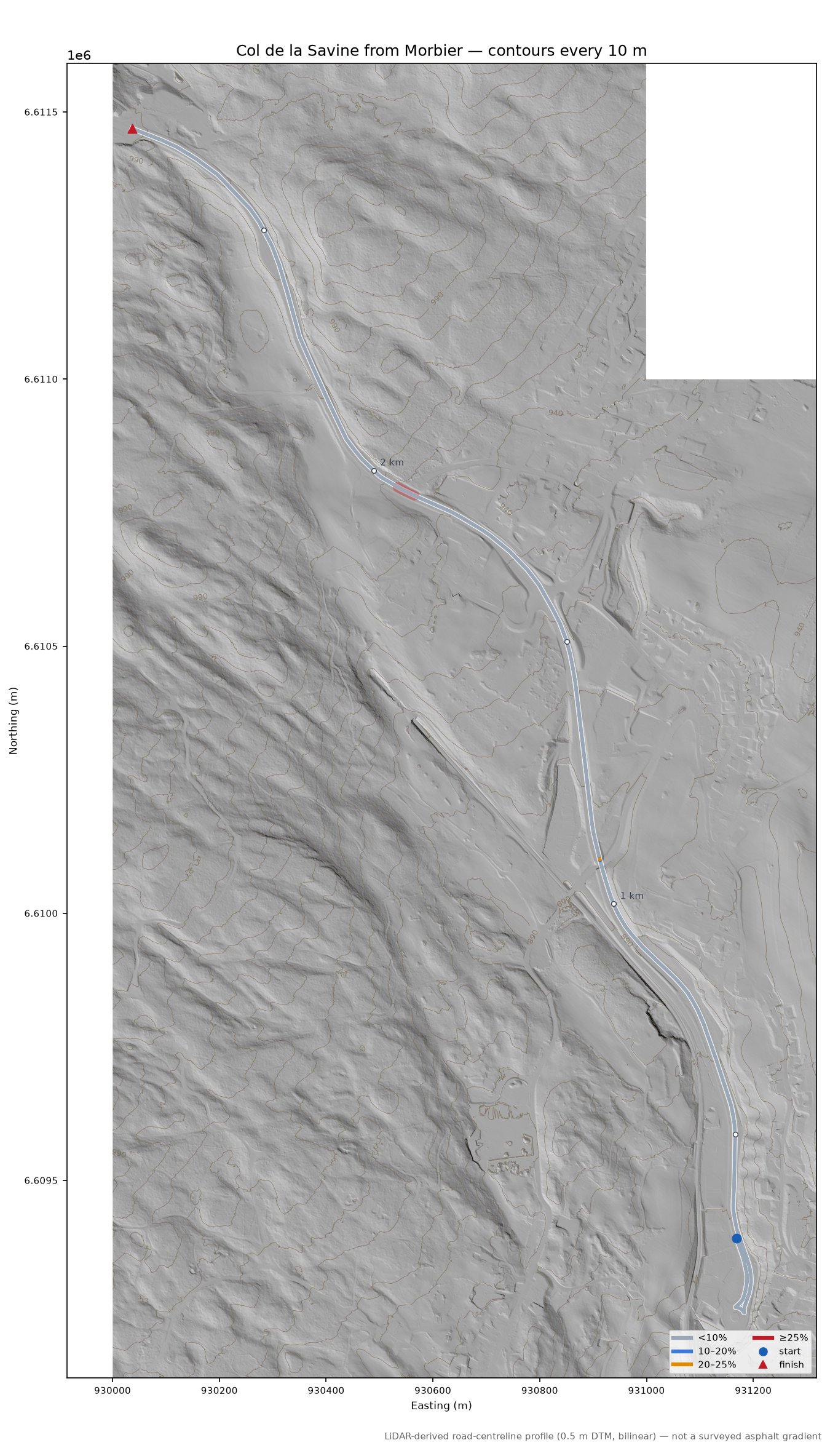 Col de la Savine from Morbier LiDAR hillshade map with contours