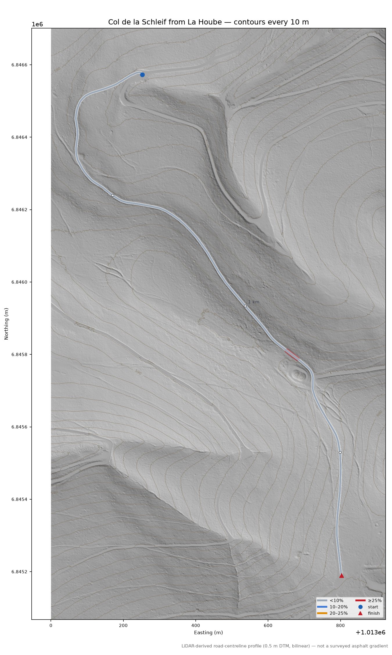 Col de la Schleif from La Hoube LiDAR hillshade map with contours