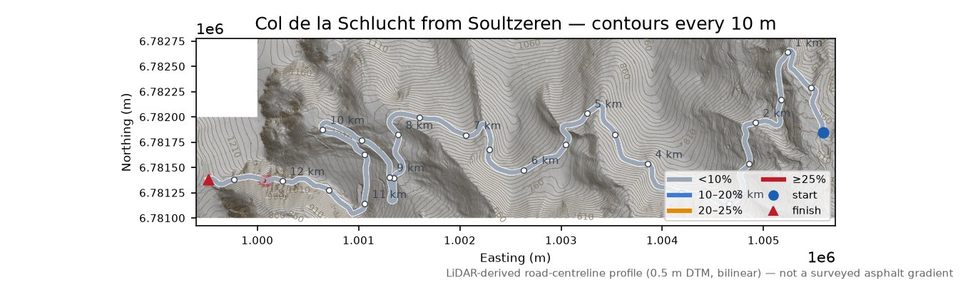 Col de la Schlucht from Soultzeren LiDAR hillshade map with contours