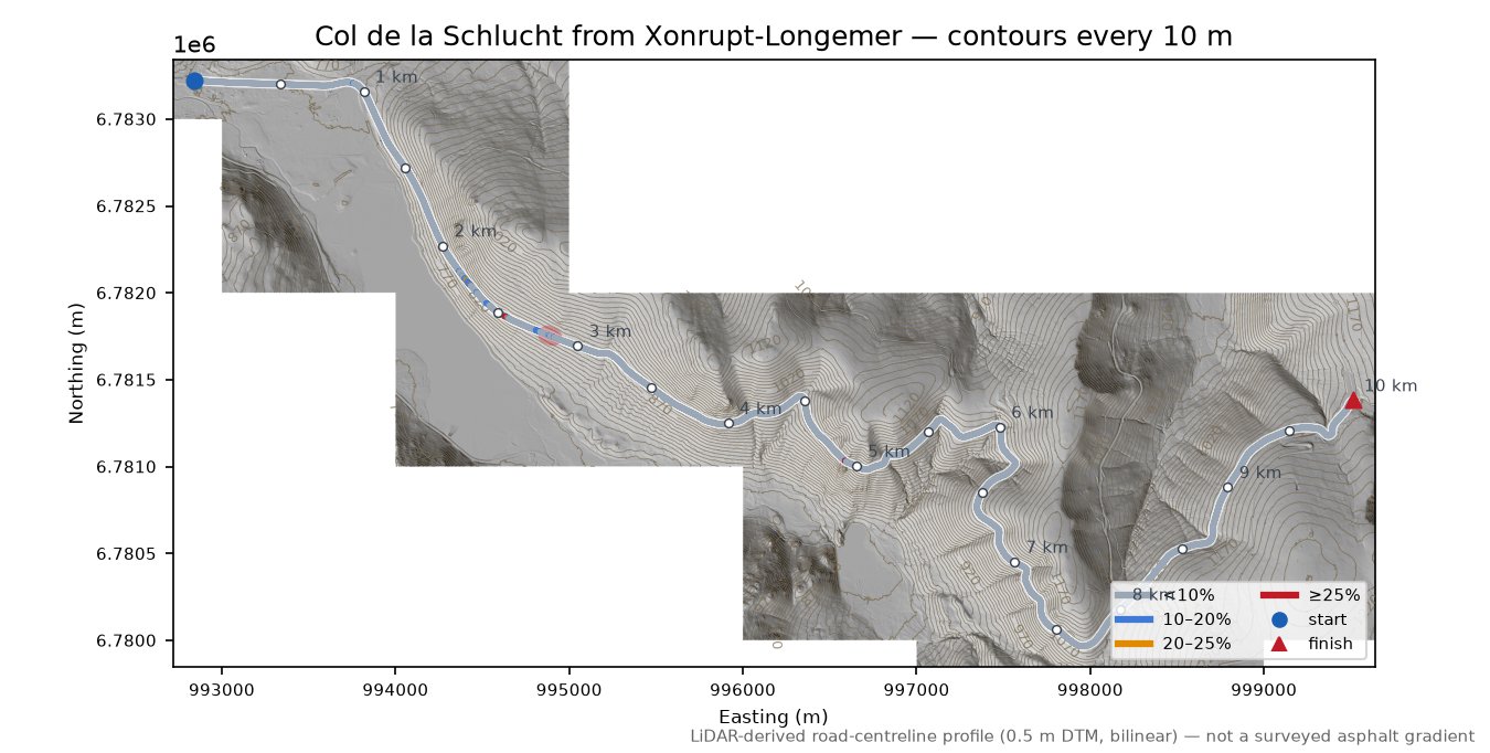Col de la Schlucht from Xonrupt-Longemer LiDAR hillshade map with contours