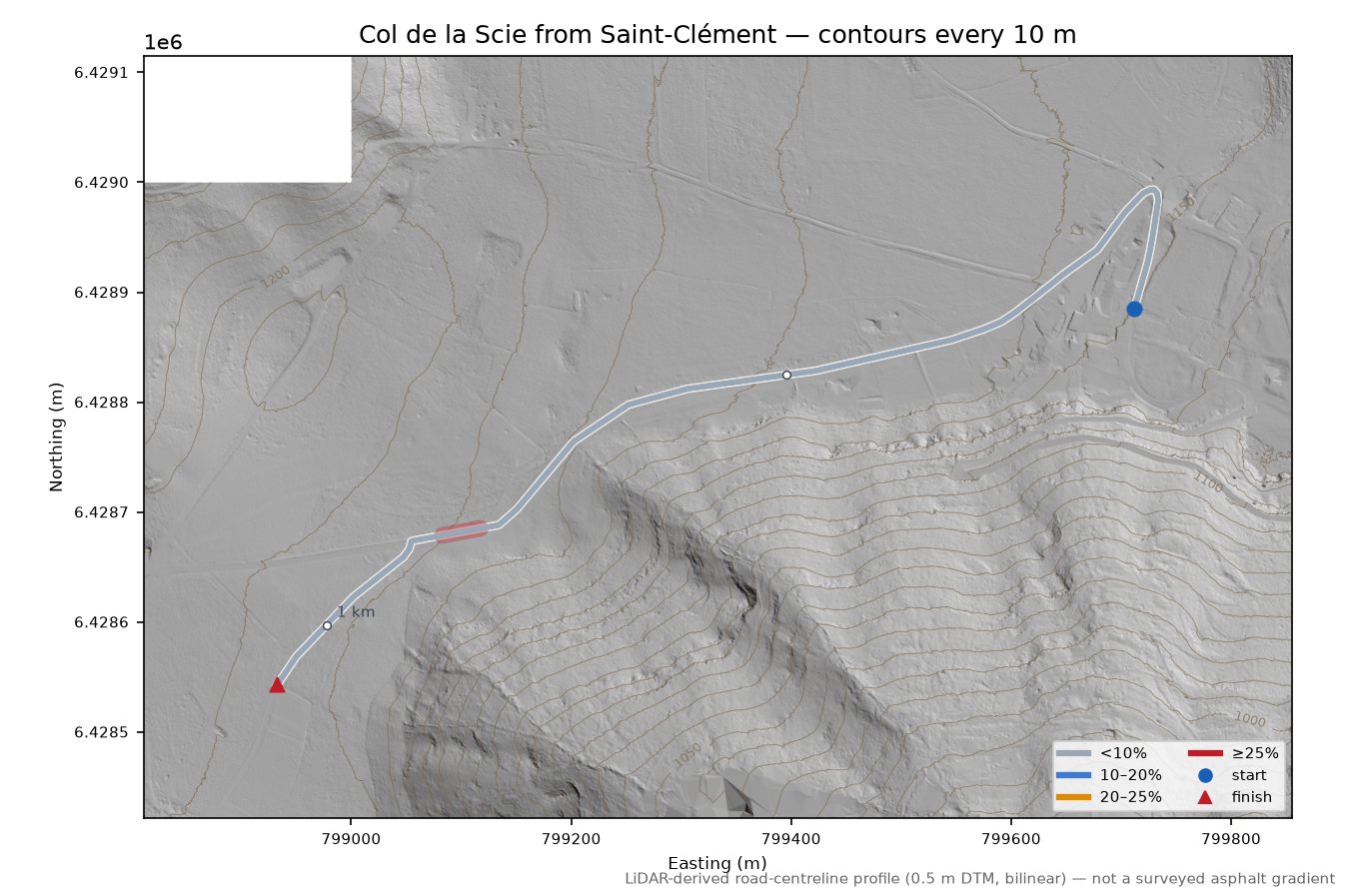 Col de la Scie from Saint-Clément LiDAR hillshade map with contours