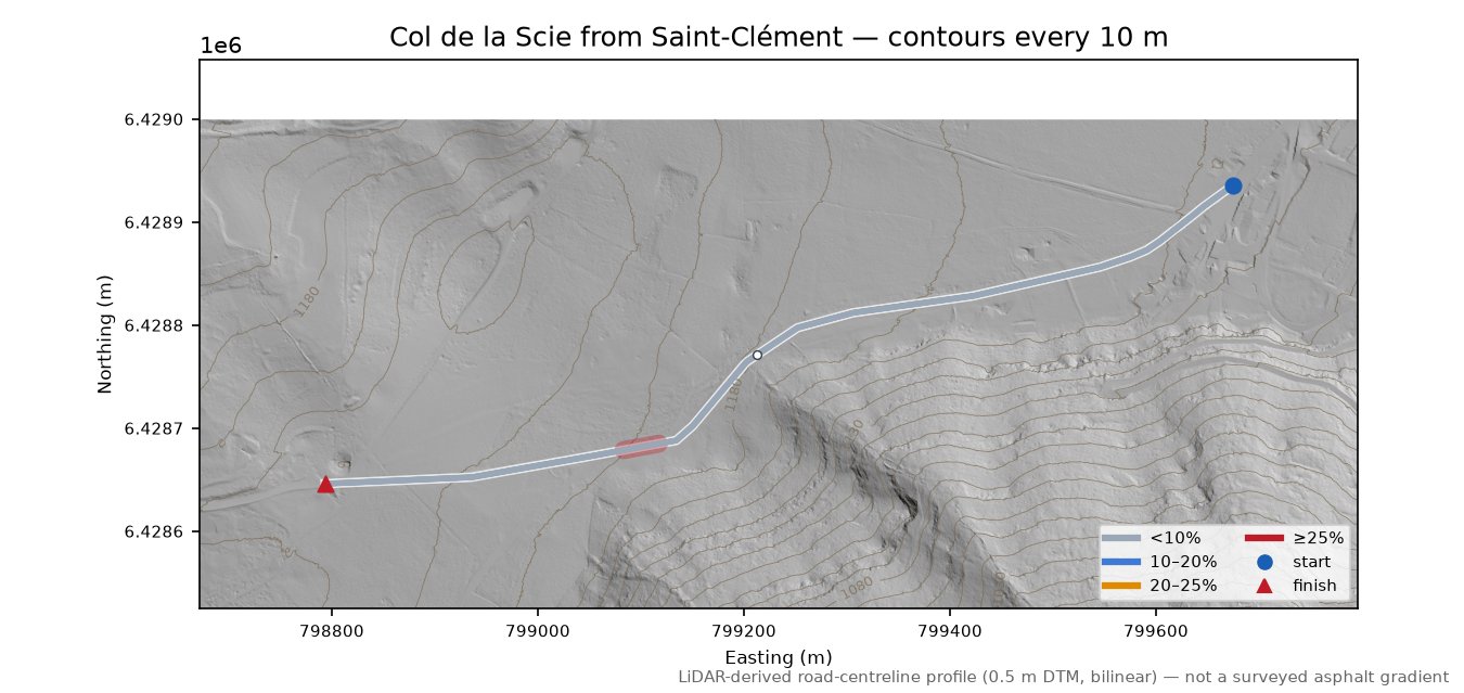 Col de la Scie from Saint-Clément LiDAR hillshade map with contours