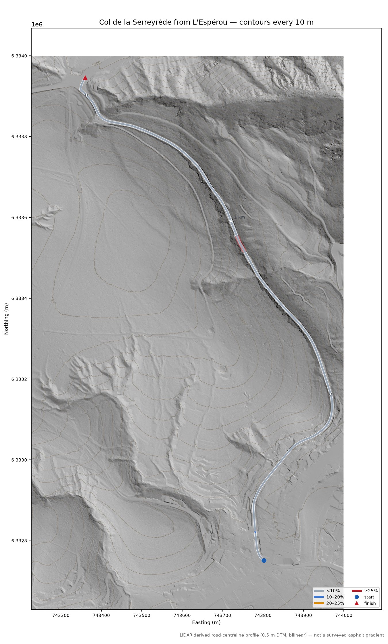 Col de la Serreyrède from L'Espérou LiDAR hillshade map with contours