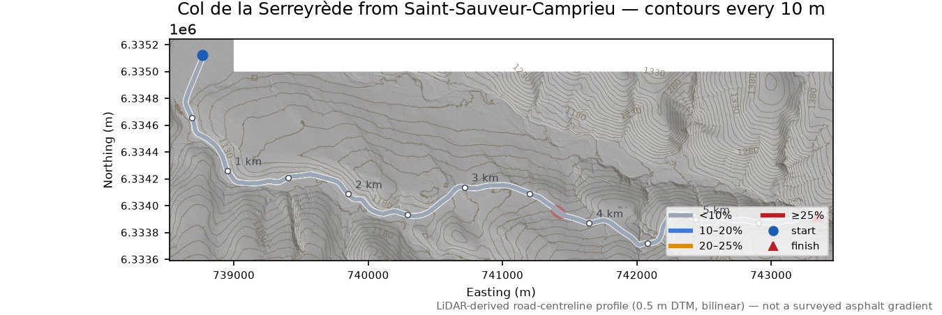 Col de la Serreyrède from Saint-Sauveur-Camprieu LiDAR hillshade map with contours