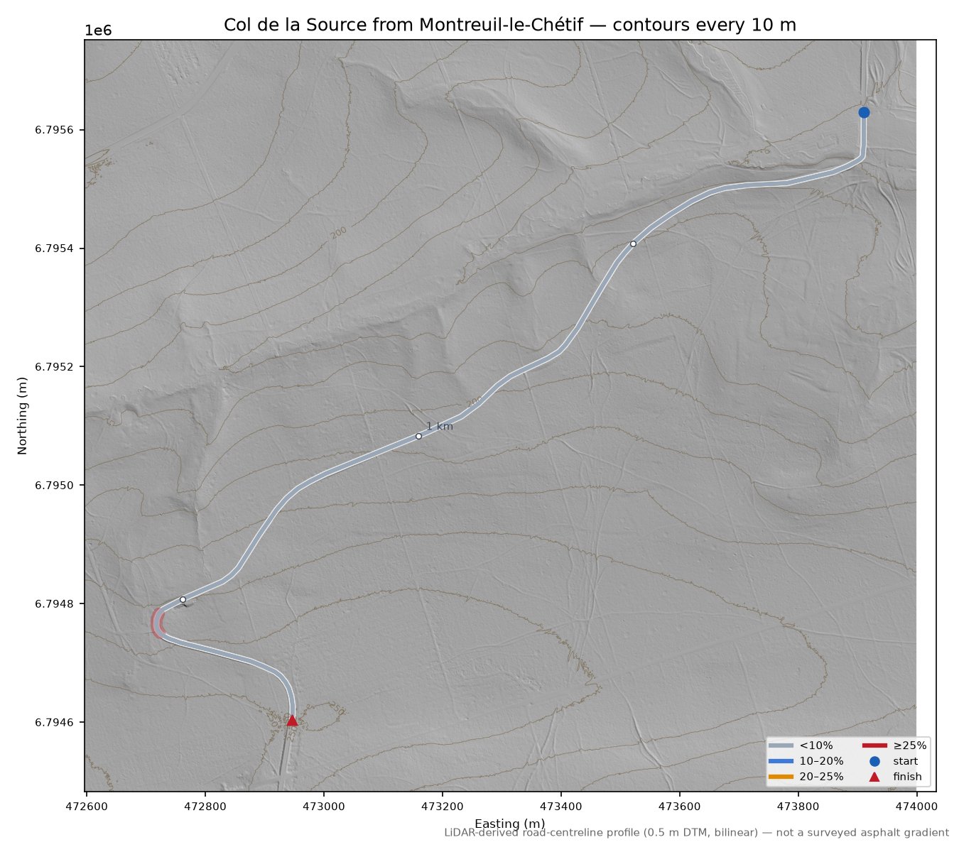 Col de la Source from Montreuil-le-Chétif LiDAR hillshade map with contours